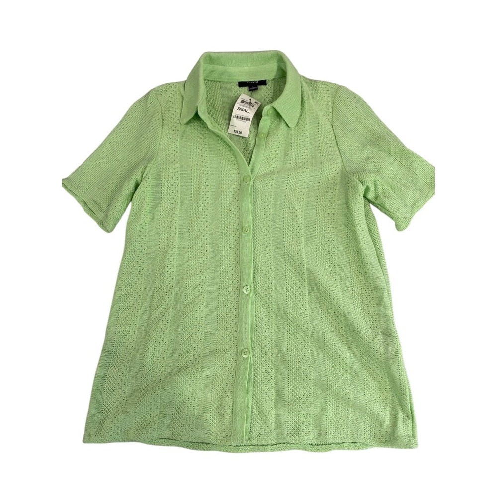 Alfani Great Escape Pistachio Green Pointelle Knit Button Front Polo Top Small